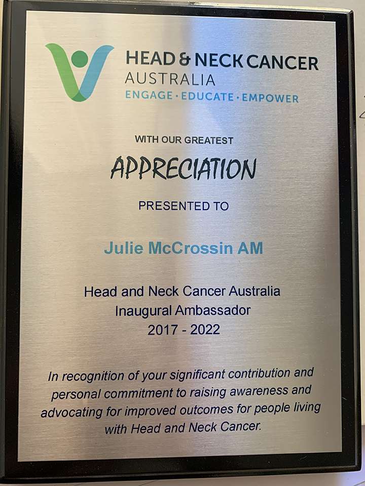 Certificate of appreciation from Head & Neck Cancer Australia